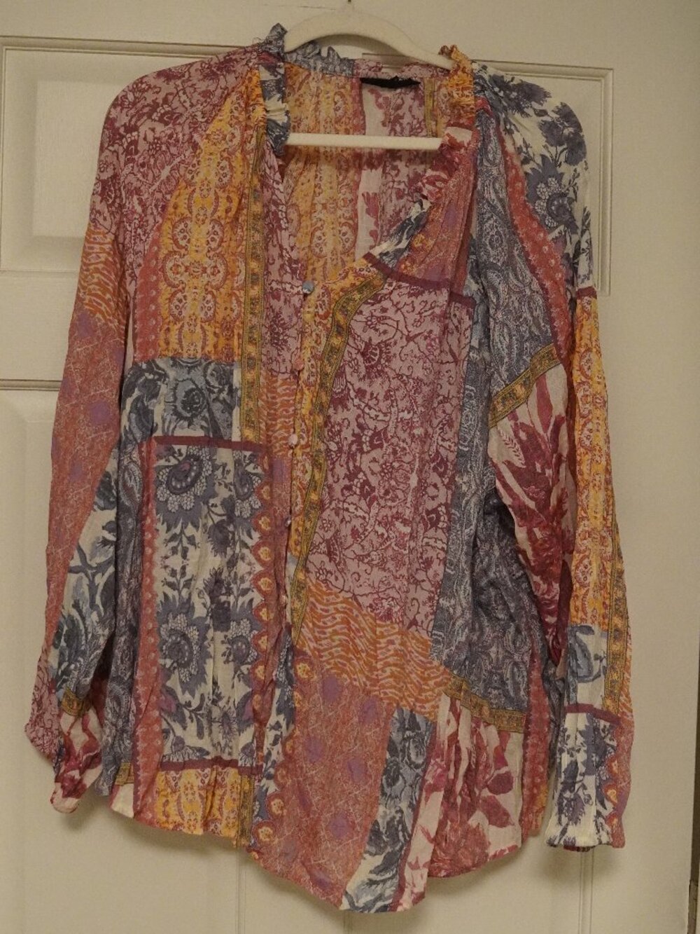 Lane Bryant Patchwork Boho Peasant Blouse 26/28 Sheer Long Sleeve